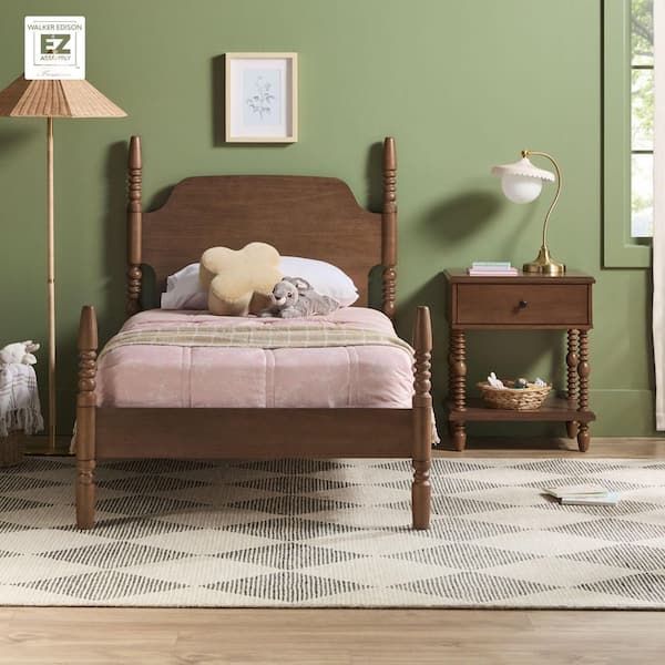 Modern Farmhouse Easy Assembly 2-Piece Solid Wood Dark Brown 1-Drawer Nightstand and Twin Bed Bedroom Set
