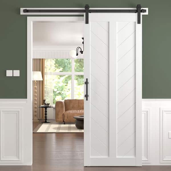 32 in. x 84 in. V-Shape Solid MDF Panel White Finished Herringbone Sliding Barn Door with Hardware Kit