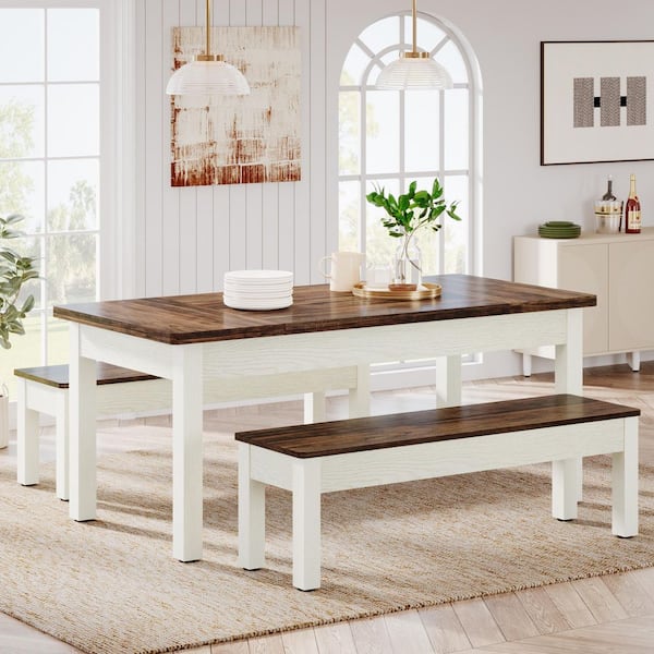 Roesler 3-Piece Rectangle Brown and White Wood Top 55 in. Dining Table Set Seats 6 with 2-Benches (Brown and White)