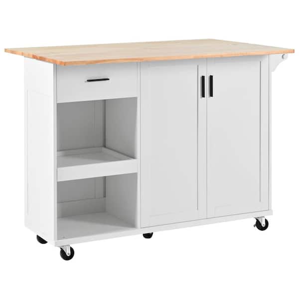 White Rubber Wood 49 in. Kitchen Island Cart with Drop Leaf, Storage Cart with 2-Doors and Slide-Out Shelf