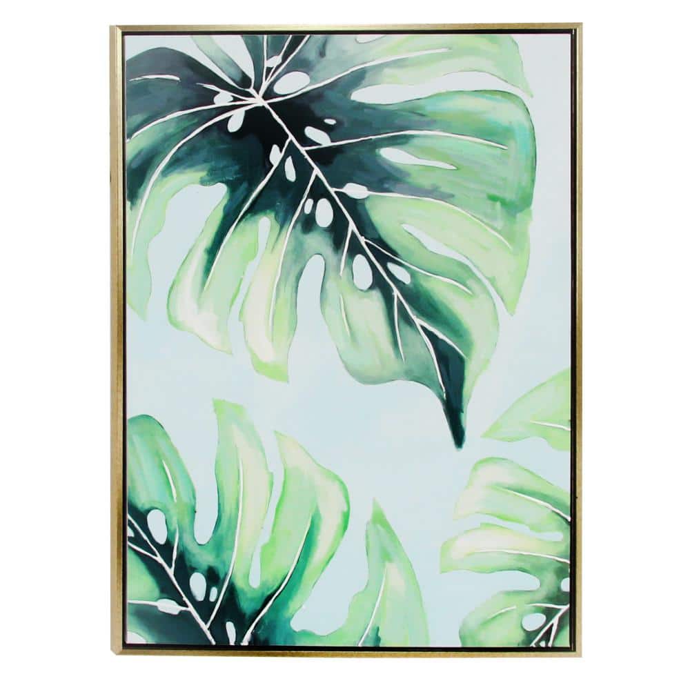 Green Monstera Leaf Abstract Canvas Wall Art with Gold Frame