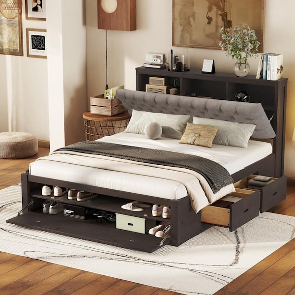 Espresso Brown Wood Frame Queen Platform Bed with Storage Headboard, Shoe Rack and Drawers