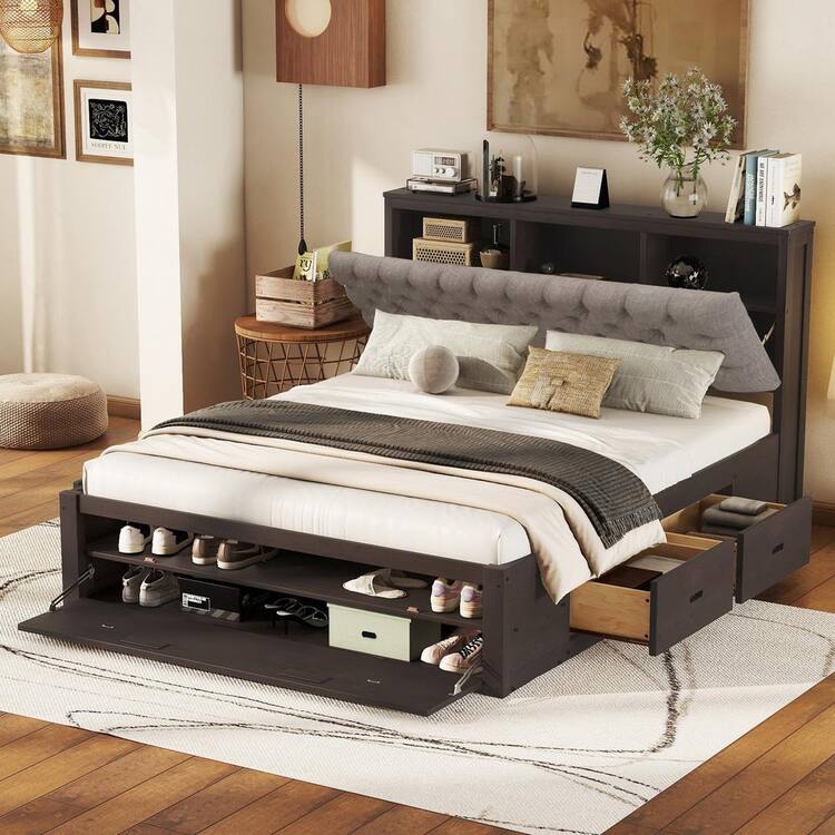 Nestfair Espresso Brown Wood Frame Queen Platform Bed with Storage Headboard, Shoe Rack and Drawers