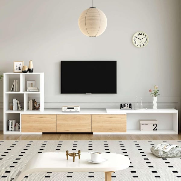 Polibi Modern White TV Stand Fits TV's Up to 110 in. with 3 Tier Bookshelves, Storage Cabinets