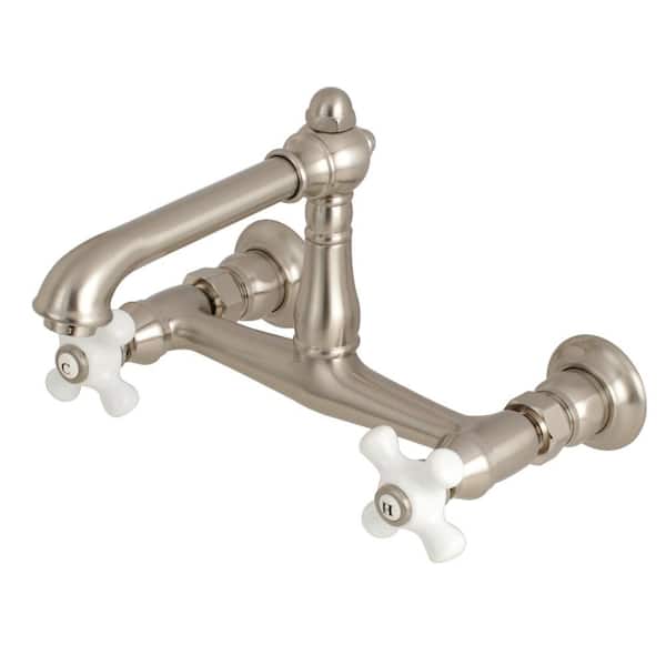 Kingston Brass English Country 2 Handle Wall Mount Bathroom Faucet In Brushed Nickel Hks7248px The Home Depot - Wall Mount Bridge Faucet Bathroom