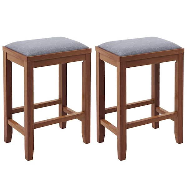Costway Walnut Upholstered Bar Stools Wooden Counter Height Dining Chairs (Set of 2)