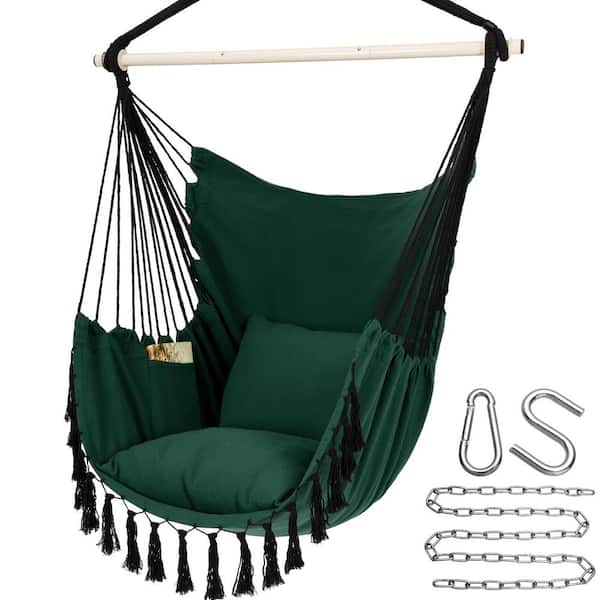 Angel Sar 3.15 ft. Portable Hanging Rope Swing Hammock Chair with Pocket and 2 Cushions, Green