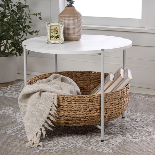 Carly 24.21 in. Modern Coastal Round Acacia Wood/Water Hyacinth Coffee Table with Storage Basket, Natural/White