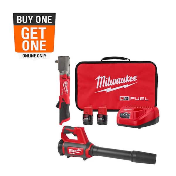 Milwaukee M12 FUEL 12V Lithium-Ion Brushless Cordless 3/8 in. Right Angle Impact Wrench Kit w Two 2.0 Ah Batteries & Spot Blower