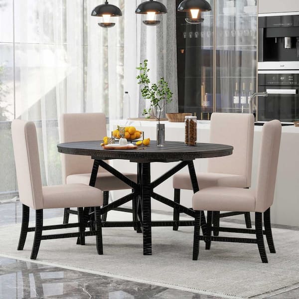 Nestfair 5-Piece Extendable Round Black Wood Top Table Set Seats 4