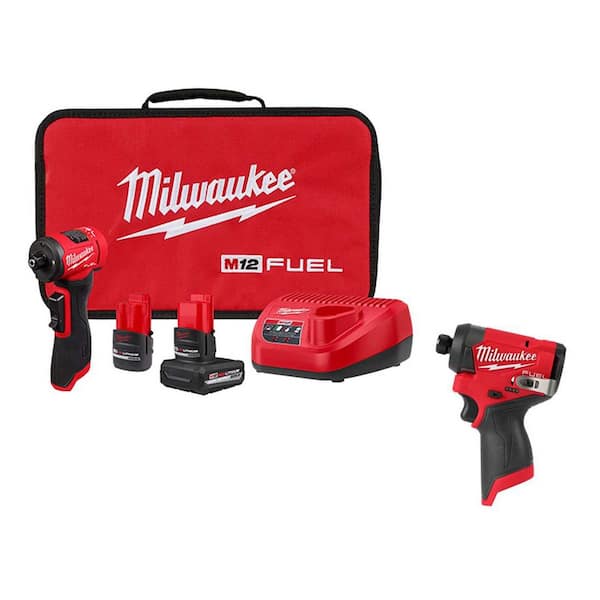 M12 FUEL 12V Lithium-Ion Brushless Cordless 1/4 in. Right Angle Die Grinder Kit w/ Impact Driver & Batteries