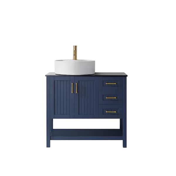 ROSWELL Modena 36 in. Vanity in Blue with Tempered Glass Top in Black with White Vessel Sink