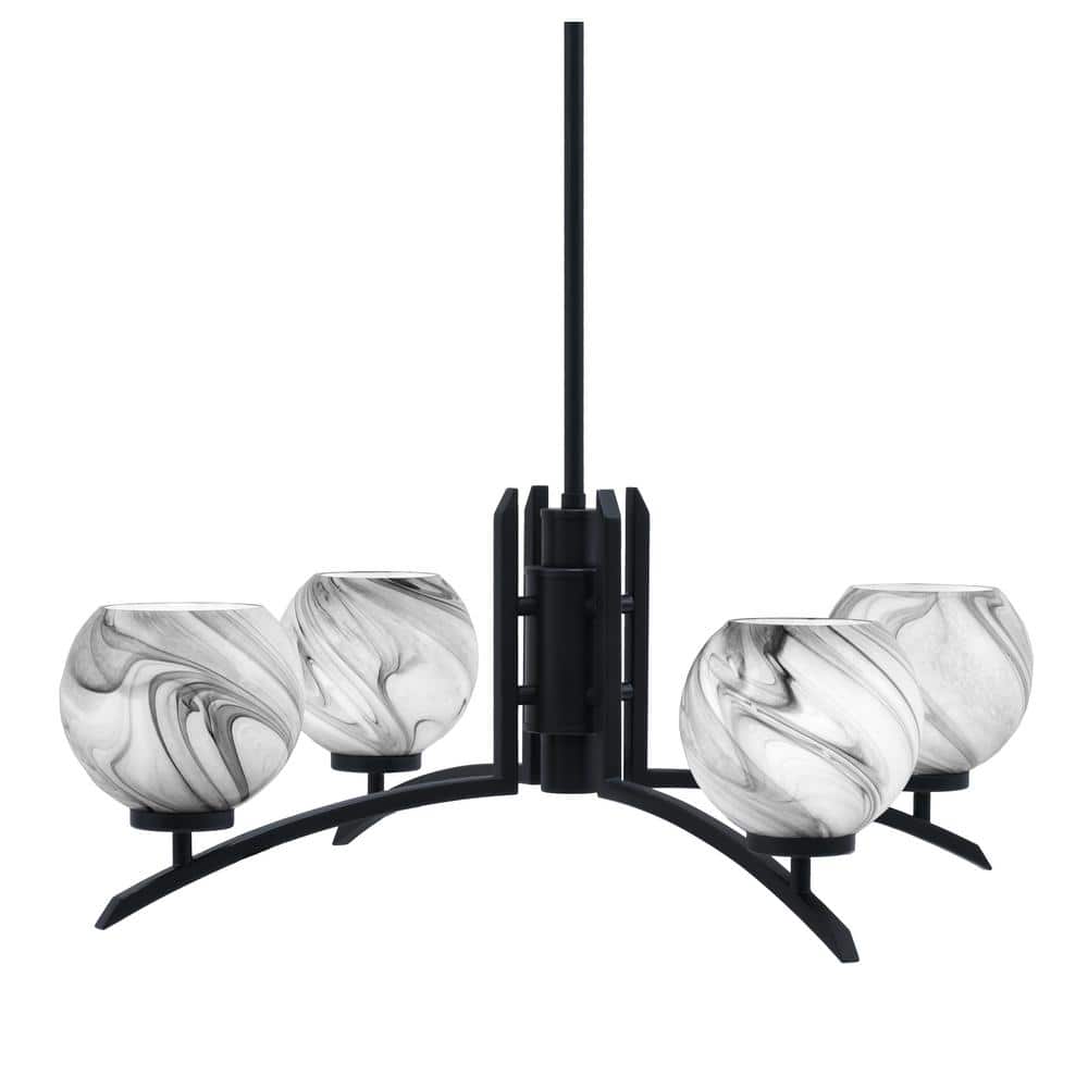 Siena 27.5 in. 4 Light Matte Black Chandelier with Onyx Swirl Glass Shades