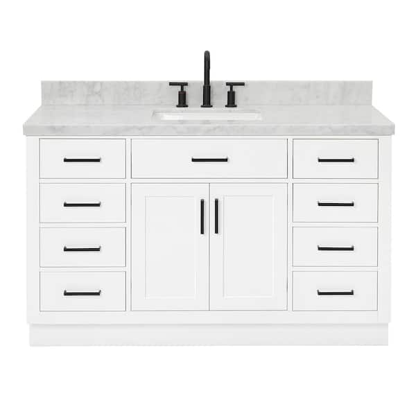 Hepburn 55 in. W x 22 in. D x 36 in. H Bath Vanity in White with Carrara Marble Vanity Top in White with White Basin