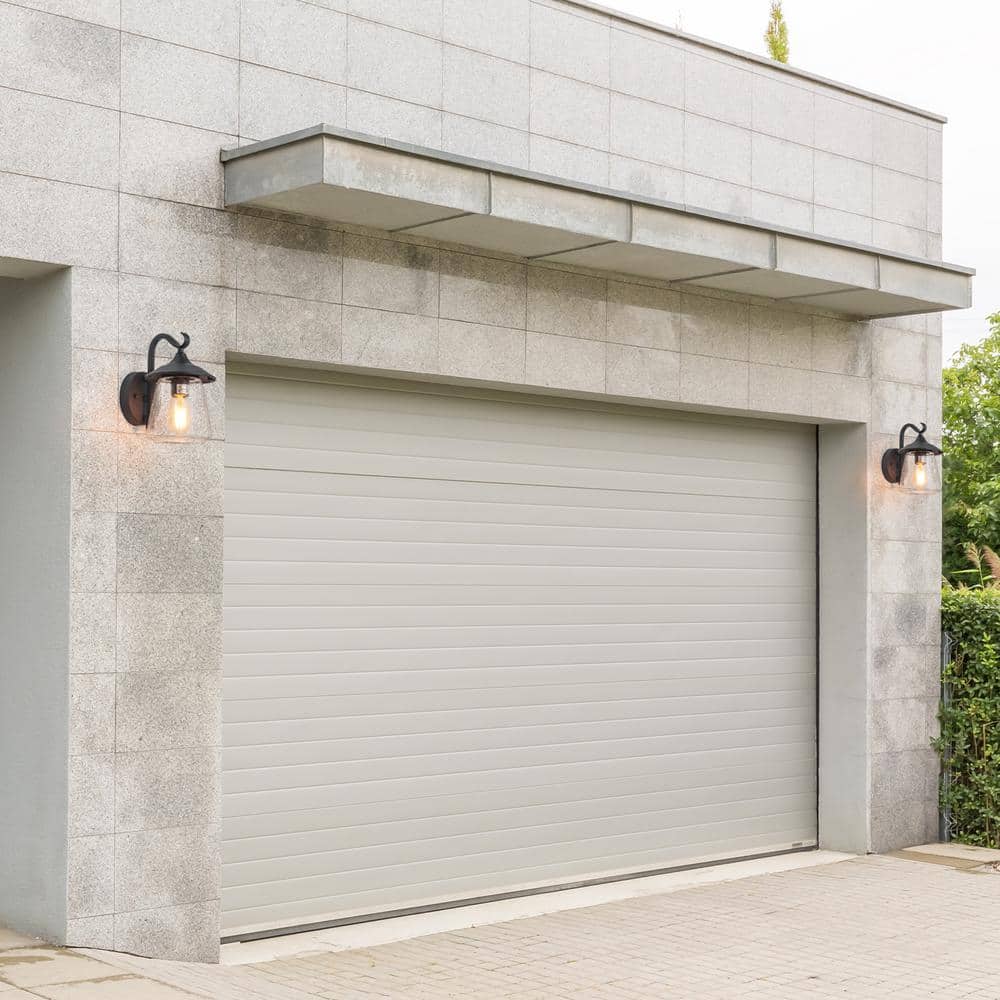 Modern Black Metal Outdoor Lantern Sconce with Seeded Glass