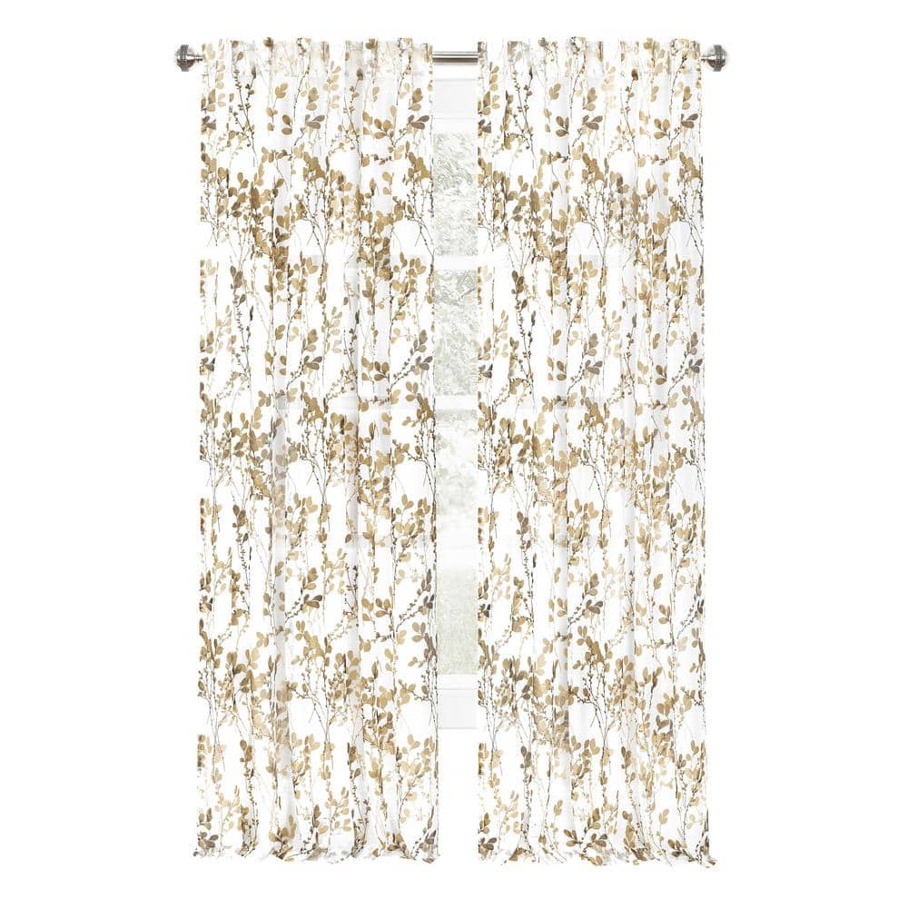 Hazelnut Floral Sheer Polyester Back Tab Curtain Panel, 52" x 63"