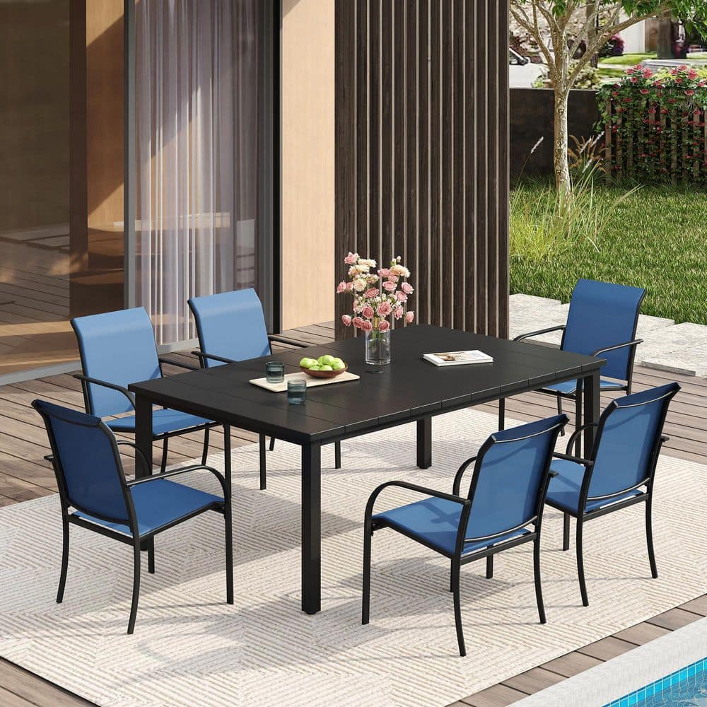 7-Piece Metal Outdoor Dining Set with Black Rectangular Table and 6 Blue Dining Chairs with Armrests price history on PriceWatchPro
