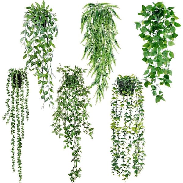 Unbranded 24 in. Green Fake Plant Hanging Plants with Pots, Artificial Ivy  Vine Faux Eucalyptus Hanging Plant(6-Pack) AV2R3B1L