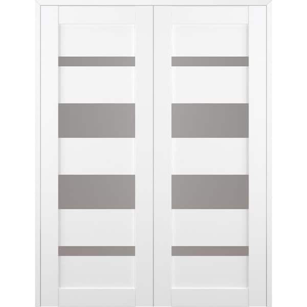Mirella 60 in. x 80 in. Both Active 4-Lite Frosted Glass Bianco Noble Wood Composite Double Prehung French Door