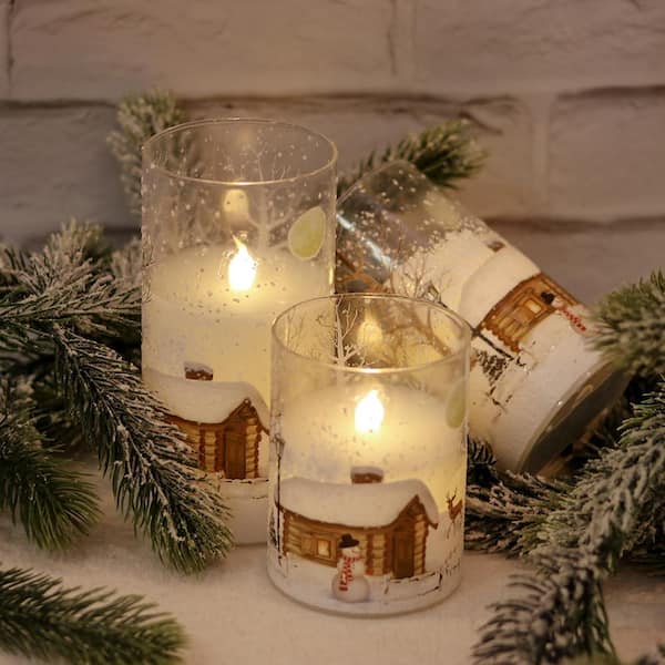 Afoxsos White Snowman Glass Flameless Candle with Remote and Timer Real Wax LED Flickering Pillar Candle