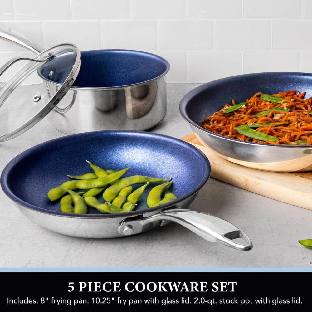 Blue Stainless Steel Nonstick 5-Piece Cookware Set