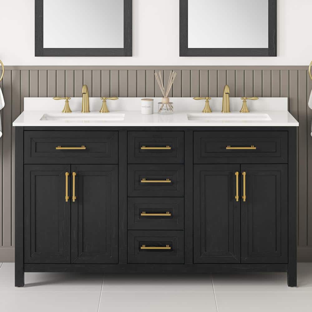 Beaufort 60 in. Double Sink Black Bath Vanity with White Engineered Stone T