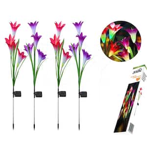 Solar Outdoor Pink and Purple Lily Flower Stake Multi-color Changing Decor Waterproof Light, (4-Pack)