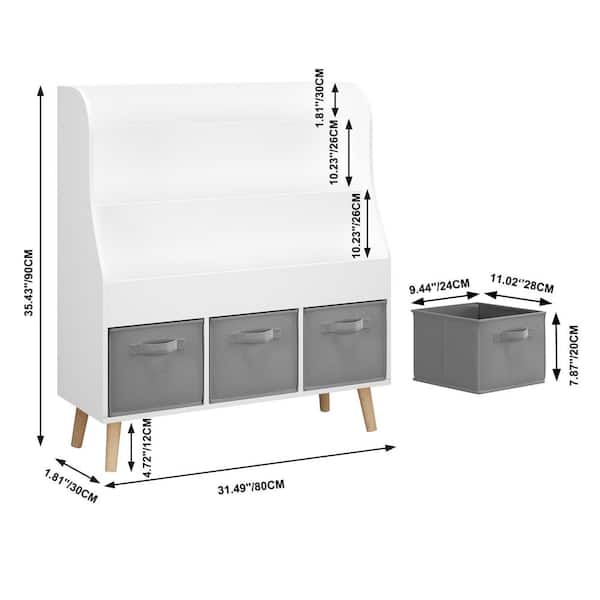 Karen 35.43 in. H White Wood Multifunctional Bookcase with 3-Fabric Bins, Bookcase Display Stand