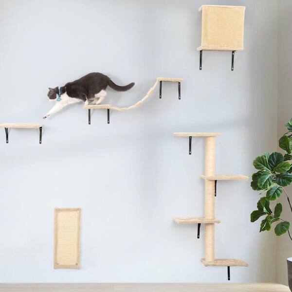 Wall Mounted Cat Shelves With Jump Boards & Hammock - 6-Piece Set Natural Wood