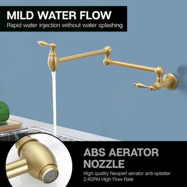 Single Hole Wall Mounted Pot Filler Kitchen Sink Faucet Folding Stretchable with 2 Handles in Brushed Gold Brass