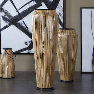 47 in. Light Brown Handmade Slatted Frame Rattan Decorative Vase with Black Metal Accents