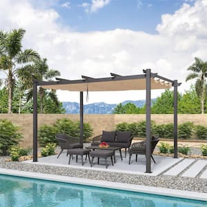 11 ft. x 13 ft. Gray Aluminum Frame Outdoor Patio Pergola Gazebo with Beige Retractable Sun Shade Canopy for Backyard