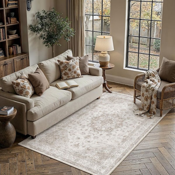 HaiiMeid Baykal Taupe 3 ft. x 5 ft. Vintage Washable Medallion