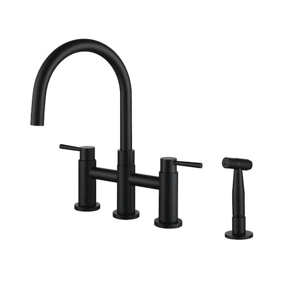 Dimakai Double Handle 360° swivel Bridge Kitchen Faucet with side sprayer in Matte Black