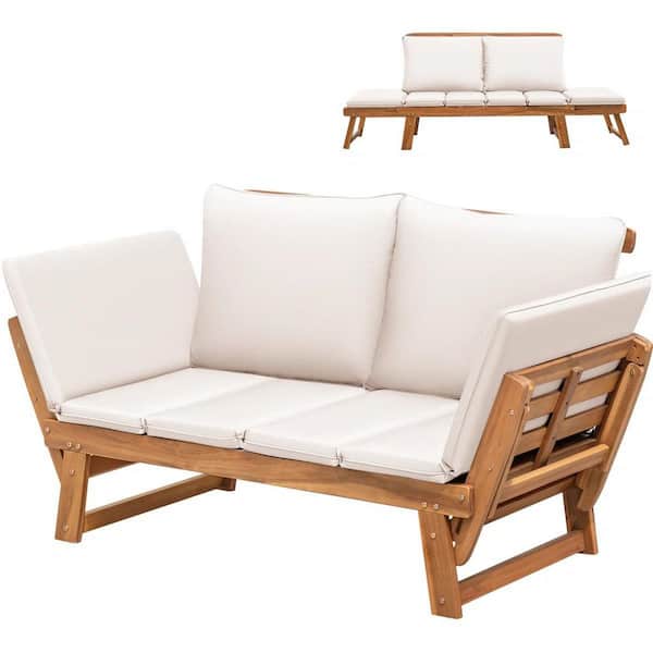 78 in. Acacia Wood Outdoor Convertible Sofa Couch Patio Day Bed with White Cushions