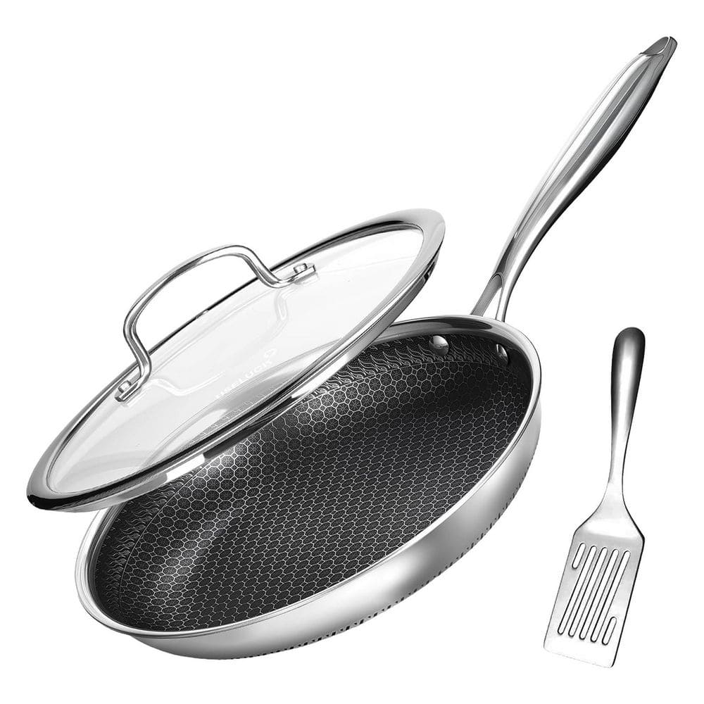 Stainless Steel Nonstick Frying Pan with Lid Honeycomb Surface Induction Oven Dishwasher Safe PFAS-Free 1 Piece