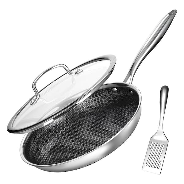 Stainless Steel Nonstick Frying Pan with Lid Honeycomb Surface Induction Oven Dishwasher Safe PFAS-Free 1 Piece