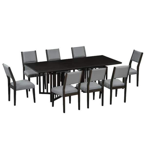 9-Piece Farmhouse Espresso Extendable Wood Top Dining Room Set Seats 8