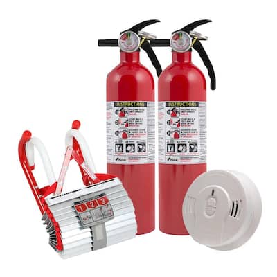 2-Story Home Fire Safety Kit, 3-Pack 10-Year Battery Smoke Detector with Fire Escape Ladder & 2-Pack Fire Extinguisher