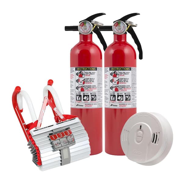 Kidde 2-Story Home Fire Safety Kit, 10-Year Battery Smoke Detector (3-Pack), Fire Extinguisher (2-Pack) and Ladder 21031025