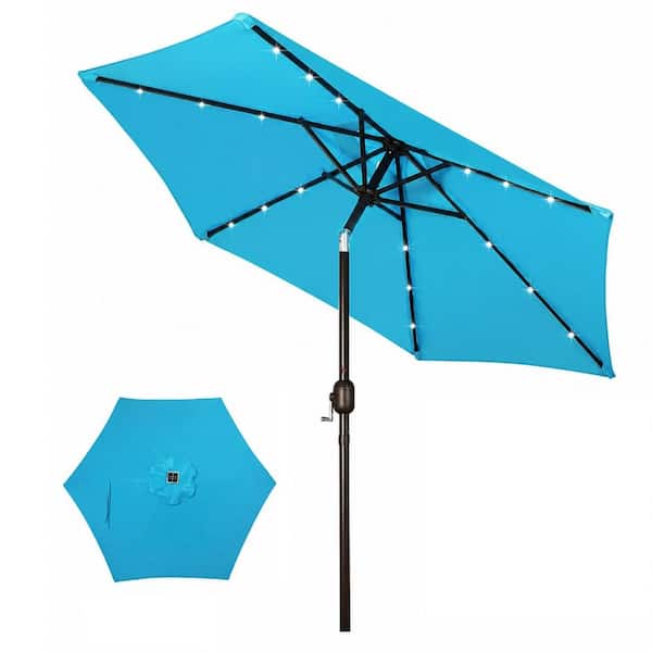 7.5 ft. Solar Powered 18-LED Lighted Market Patio Umbrella with Crank Lift and Tilt in Light Blue