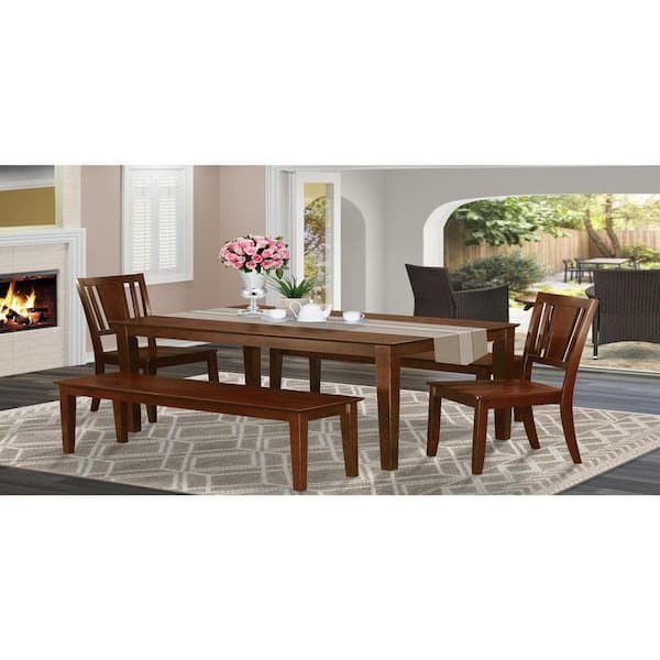 East West Furniture 5-Piece Rectangle Mahogany Finish Solid Wood Top Dining Table with 2 Benches, 2 Chairs with Lattice Back