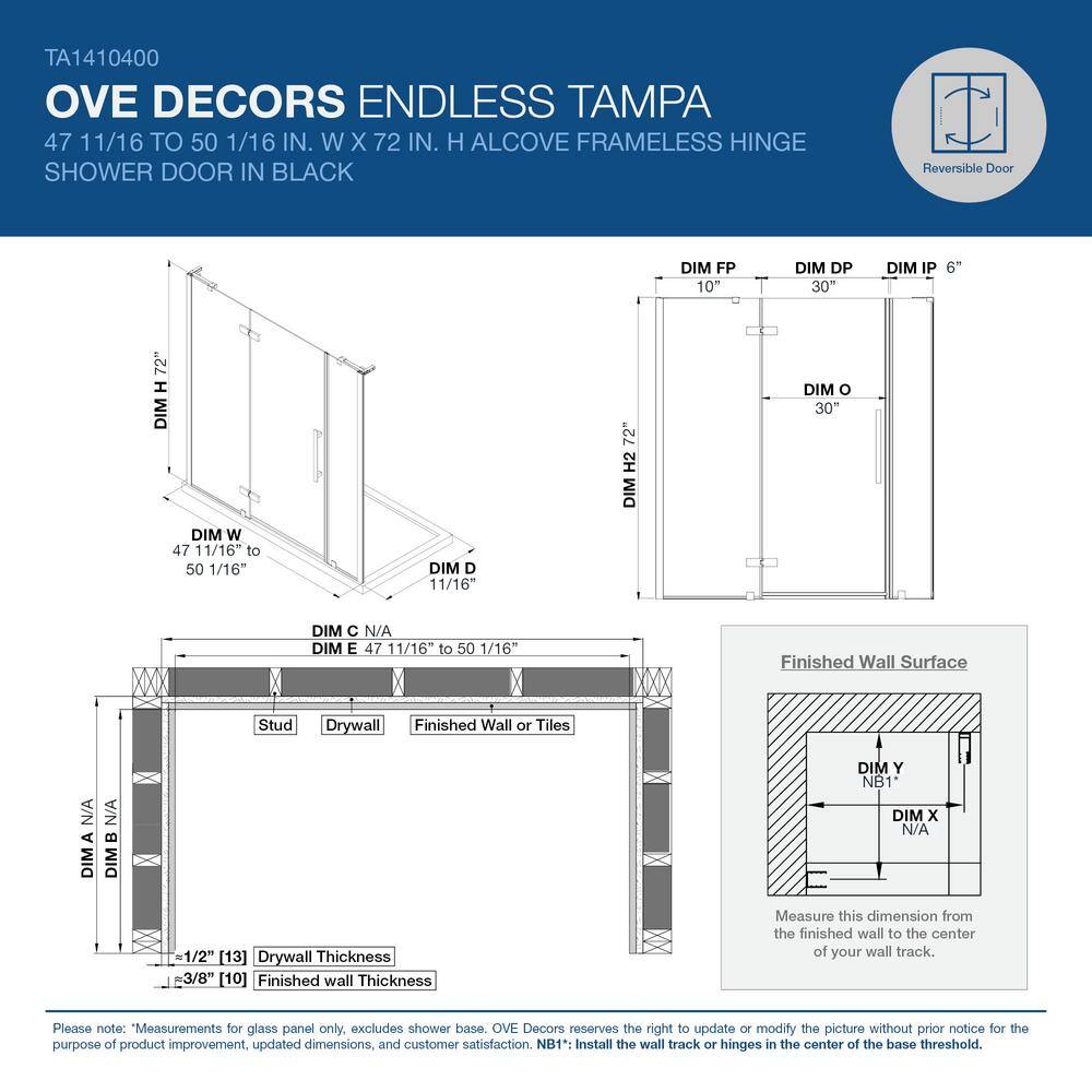 Tampa 50" x 72" Black Frameless Glass Shower Kit