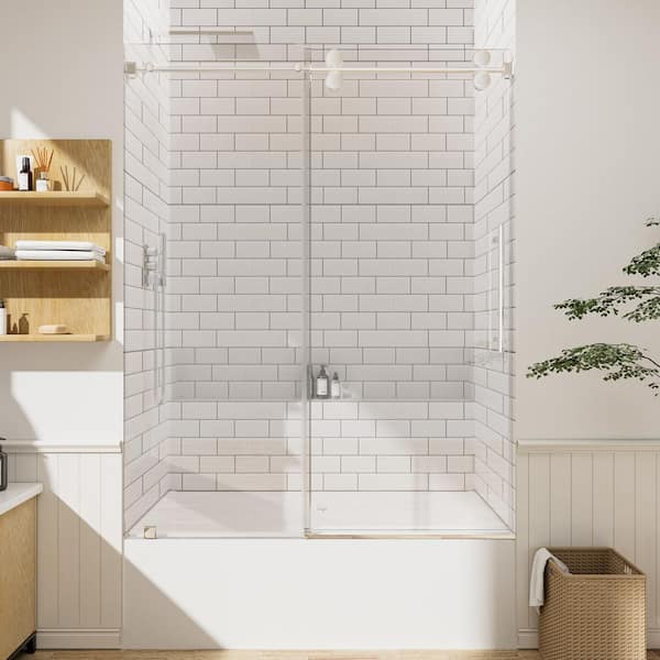 60 in. W x 66 in. H Sliding Frameless Tub Door in Chrome with 3/8 in. (10 mm) Tempered Clear Glass