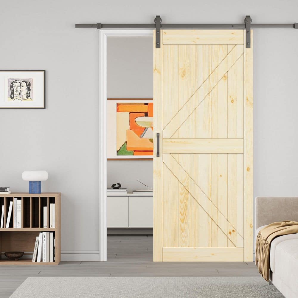 36 in. x 84 in. K-Shape Solid Core Pine Wood Unfinished Sliding Barn Door Slab with Hardware Kit and Soft Close price history on PriceWatchPro