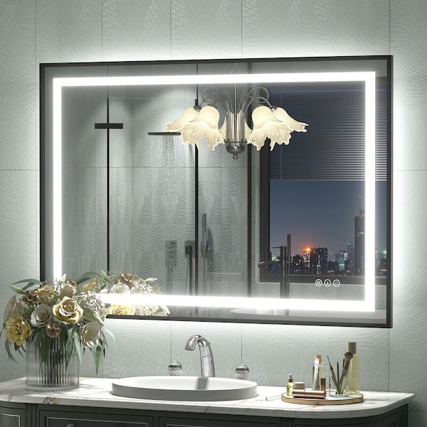 44 in. W x 30 in. H Rectangular Framed Front and Back LED Lighted Anti-Fog Wall Bathroom Vanity Mirror in Tempered Glass