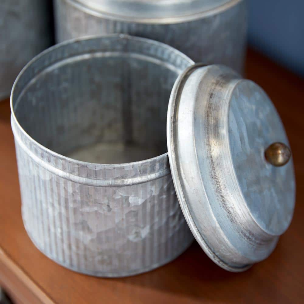 Set of 3 Silver Galvanized Iron Decorative Jars