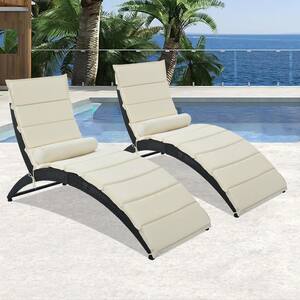 2-Piece Foldable Rattan Black Wicker Patio Outdoor Chaise Lounge Chair with Cushion in Beige