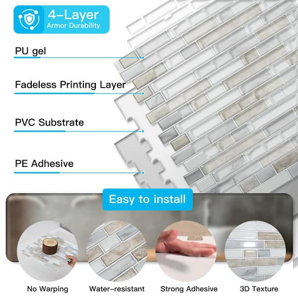 White and Beige 12 in. x 12 in. Vinyl Peel and Stick Backsplash, Self-Adhesive Wall Tiles for Kitchen Bathroom (10-Pack)