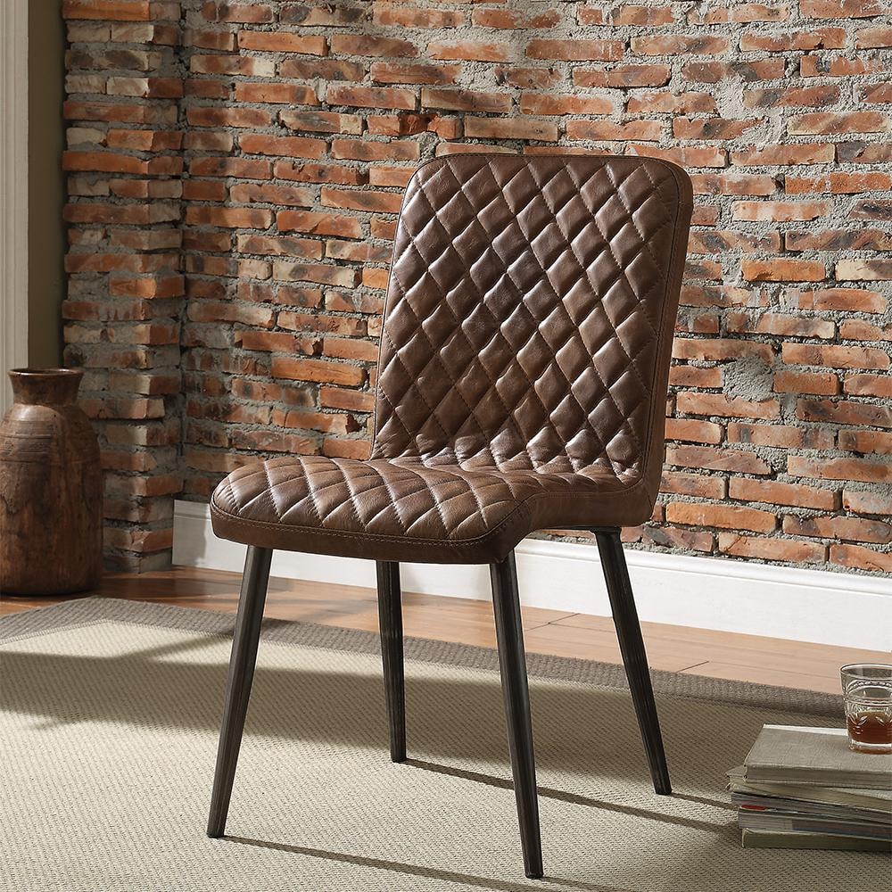 Low-Profile Vintage Chocolate Leather Side Chair with Metal Legs
